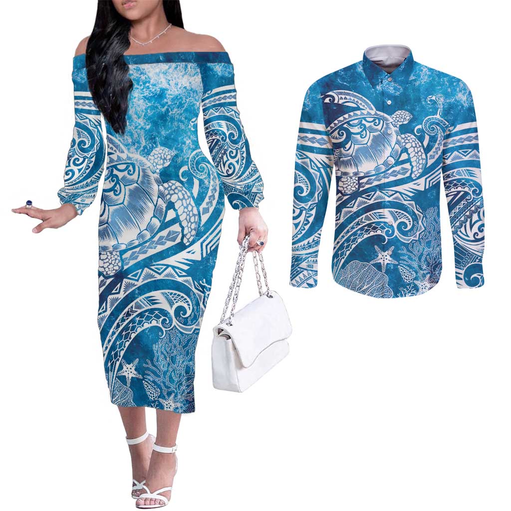 World Ocean Day Polynesian Pattern Couples Matching Off The Shoulder Long Sleeve Dress and Long Sleeve Button Shirt Crystal Waves LT7 Blue - Polynesian Pride