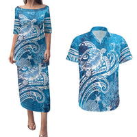 World Ocean Day Polynesian Pattern Couples Matching Puletasi and Hawaiian Shirt Crystal Waves LT7 Blue - Polynesian Pride