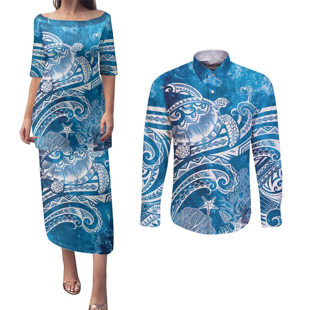 World Ocean Day Polynesian Pattern Couples Matching Puletasi and Long Sleeve Button Shirt Crystal Waves LT7 Blue - Polynesian Pride