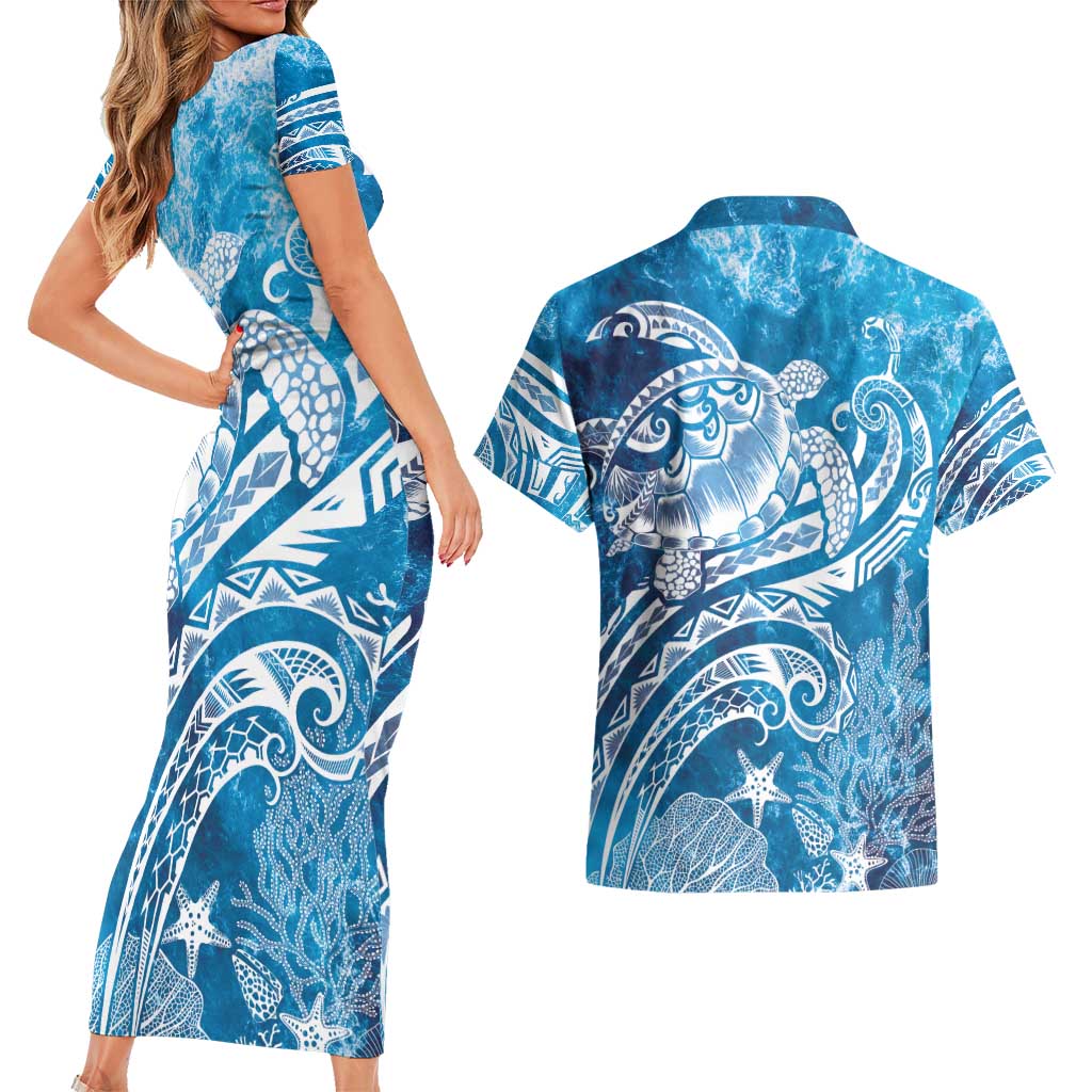 World Ocean Day Polynesian Pattern Couples Matching Short Sleeve Bodycon Dress and Hawaiian Shirt Crystal Waves LT7 - Polynesian Pride