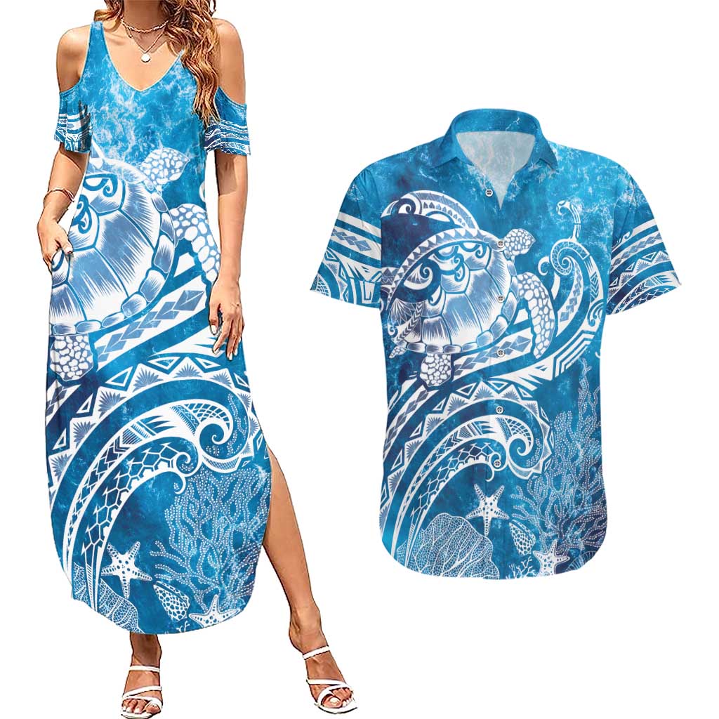 World Ocean Day Polynesian Pattern Couples Matching Summer Maxi Dress and Hawaiian Shirt Crystal Waves LT7 Blue - Polynesian Pride