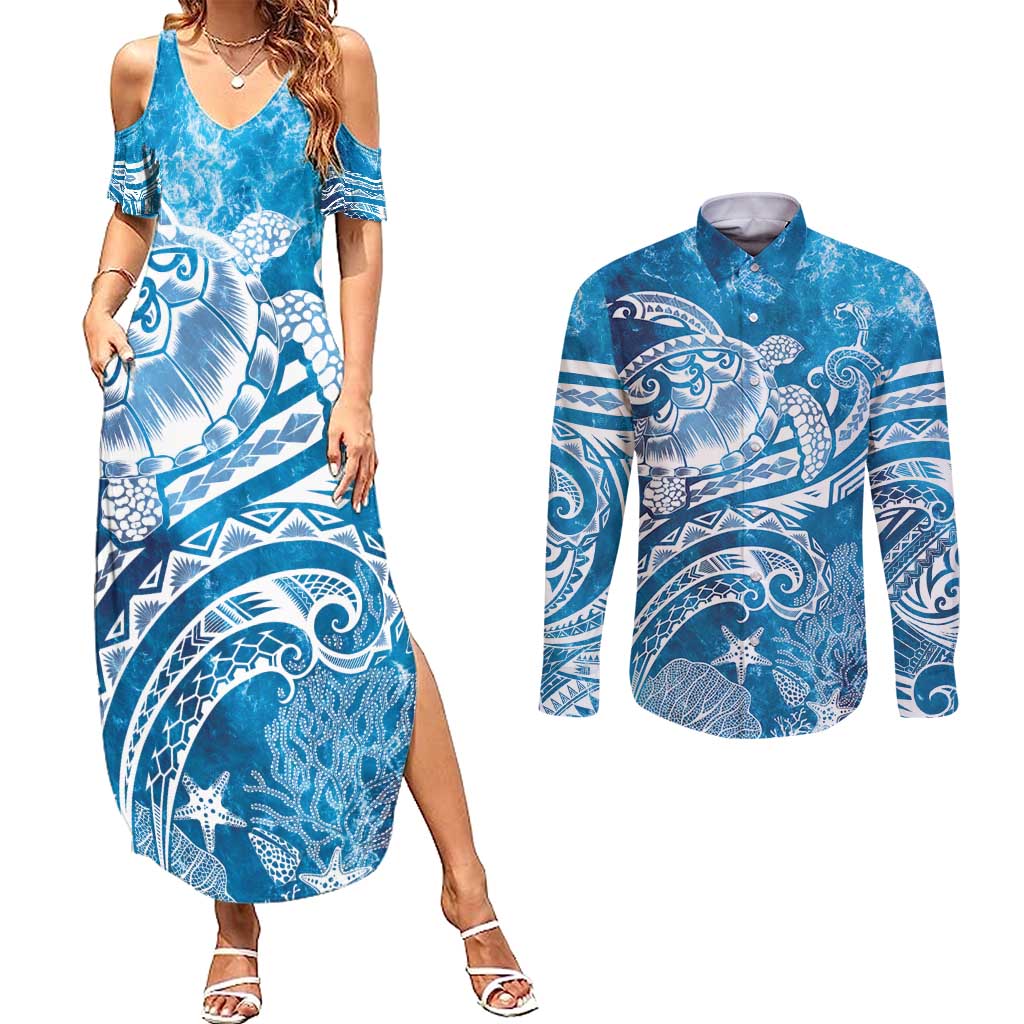 World Ocean Day Polynesian Pattern Couples Matching Summer Maxi Dress and Long Sleeve Button Shirt Crystal Waves LT7 Blue - Polynesian Pride