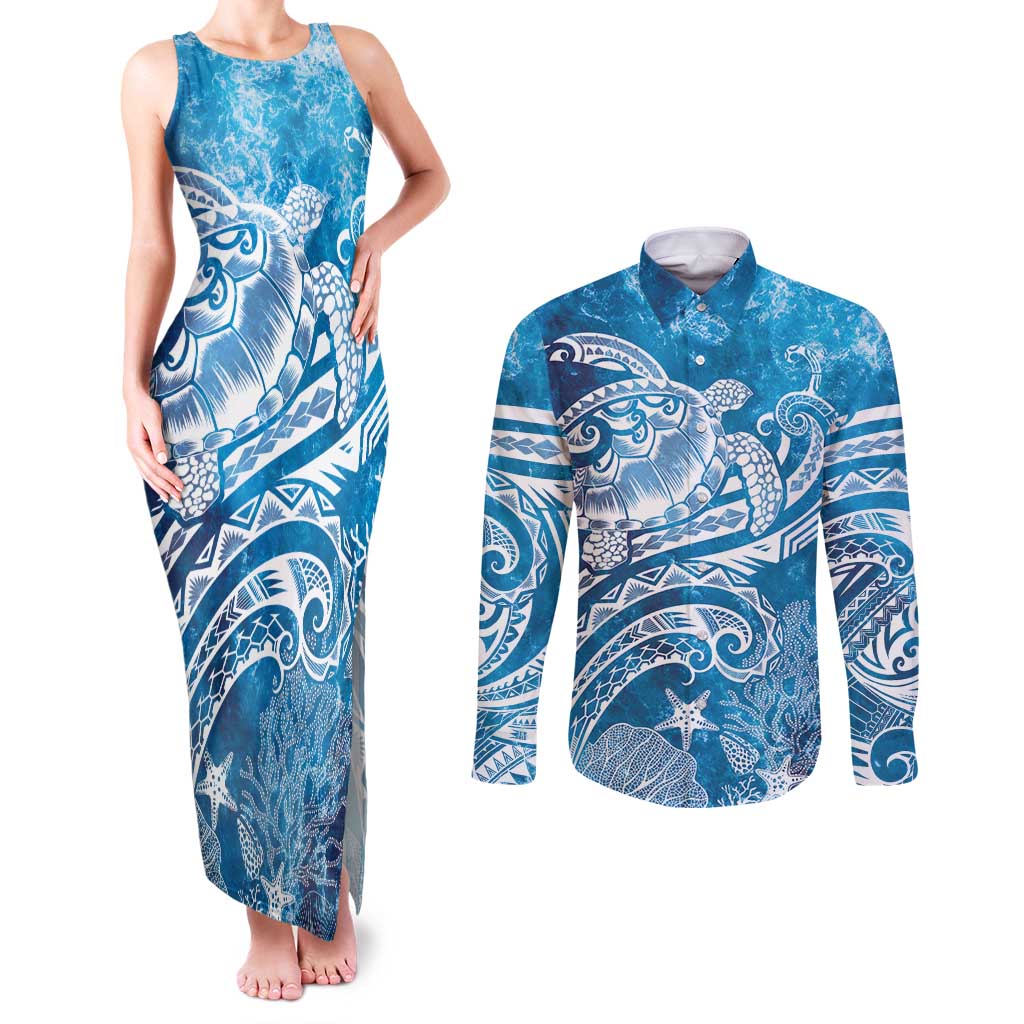 World Ocean Day Polynesian Pattern Couples Matching Tank Maxi Dress and Long Sleeve Button Shirt Crystal Waves LT7 Blue - Polynesian Pride