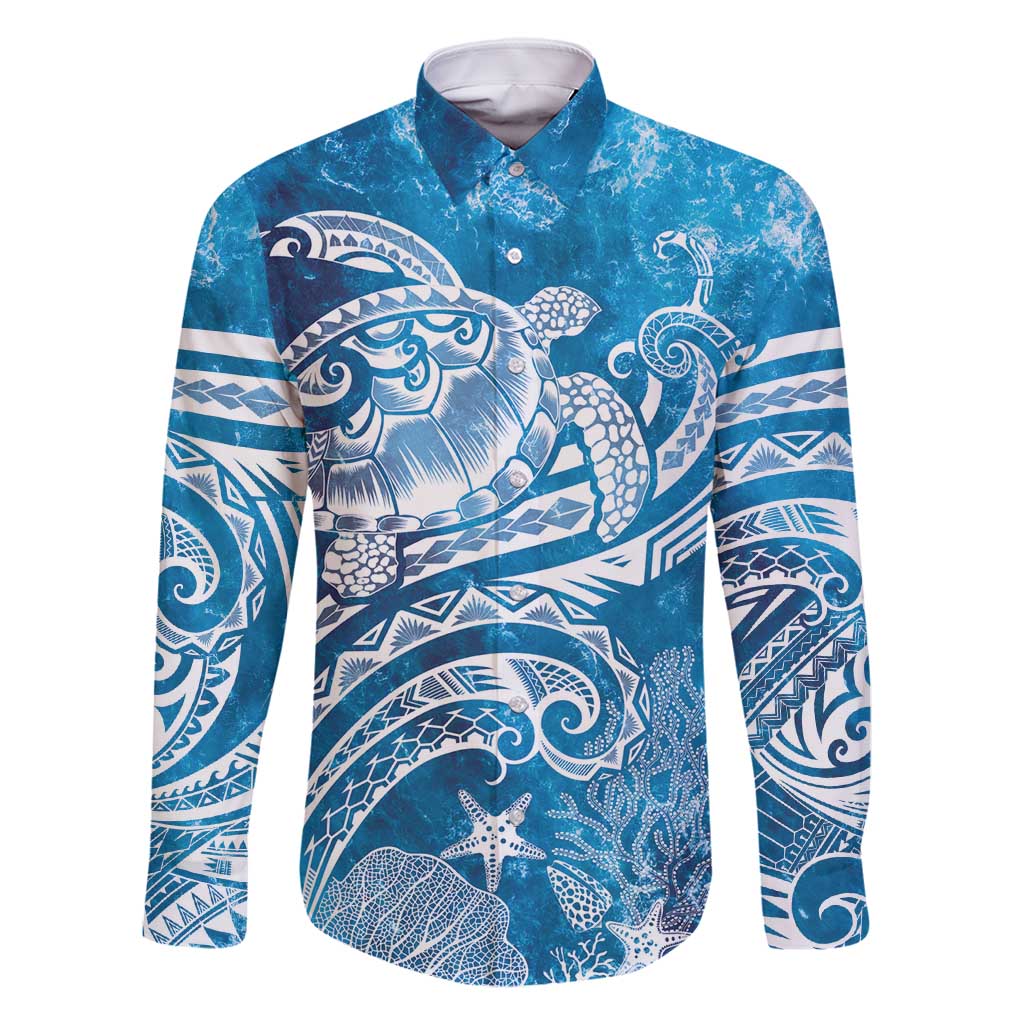 World Ocean Day Polynesian Pattern Family Matching Long Sleeve Bodycon Dress and Hawaiian Shirt Crystal Waves LT7 Dad's Shirt - Long Sleeve Blue - Polynesian Pride