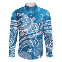 World Ocean Day Polynesian Pattern Family Matching Long Sleeve Bodycon Dress and Hawaiian Shirt Crystal Waves LT7 Dad's Shirt - Long Sleeve Blue - Polynesian Pride
