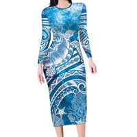 World Ocean Day Polynesian Pattern Family Matching Long Sleeve Bodycon Dress and Hawaiian Shirt Crystal Waves LT7 Mom's Dress Blue - Polynesian Pride