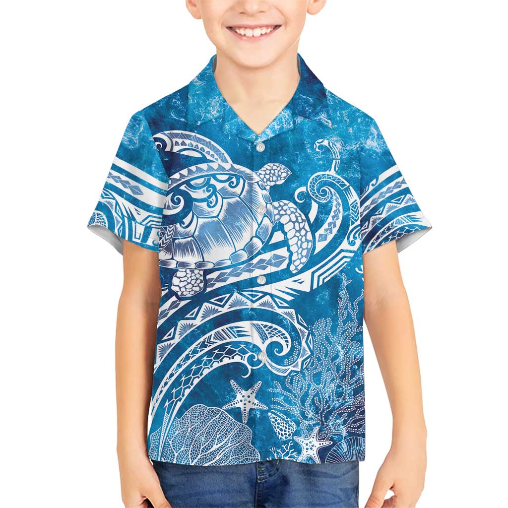 World Ocean Day Polynesian Pattern Family Matching Long Sleeve Bodycon Dress and Hawaiian Shirt Crystal Waves LT7 Son's Shirt Blue - Polynesian Pride