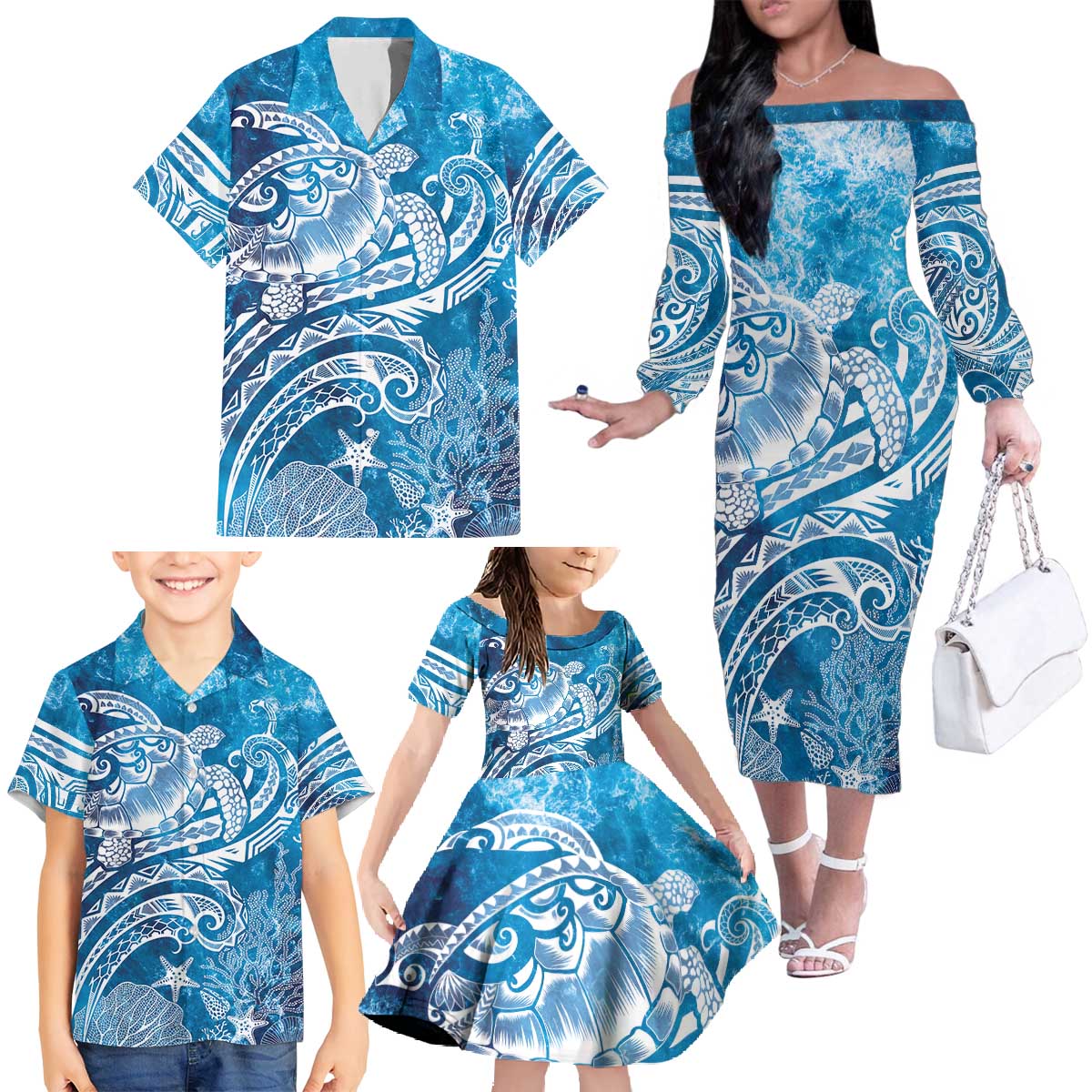 World Ocean Day Polynesian Pattern Family Matching Off The Shoulder Long Sleeve Dress and Hawaiian Shirt Crystal Waves LT7 - Polynesian Pride