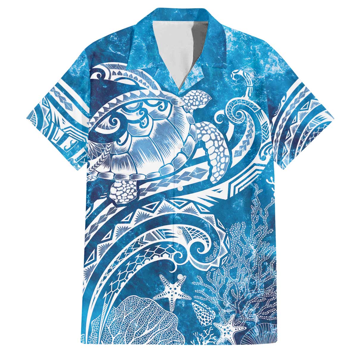 World Ocean Day Polynesian Pattern Family Matching Off The Shoulder Long Sleeve Dress and Hawaiian Shirt Crystal Waves LT7 Dad's Shirt - Short Sleeve Blue - Polynesian Pride