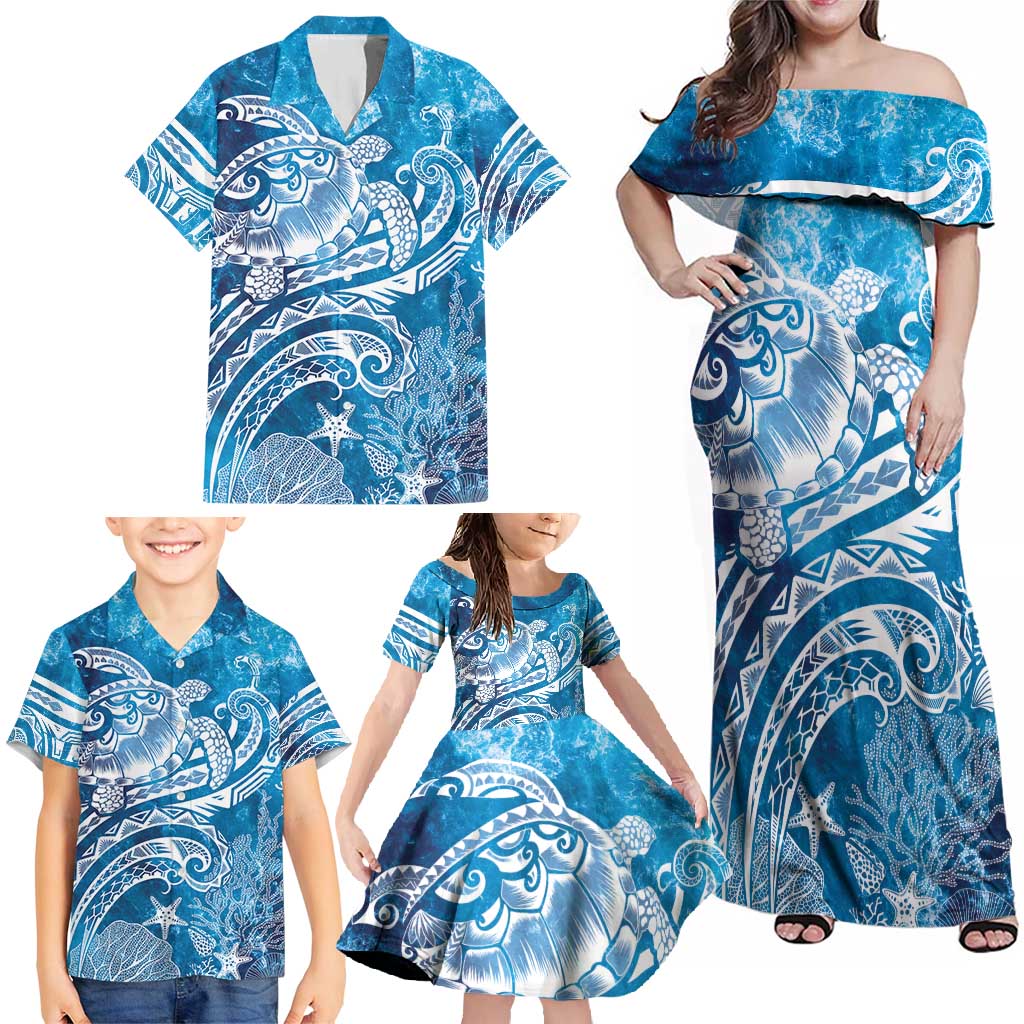 World Ocean Day Polynesian Pattern Family Matching Off Shoulder Maxi Dress and Hawaiian Shirt Crystal Waves LT7 - Polynesian Pride