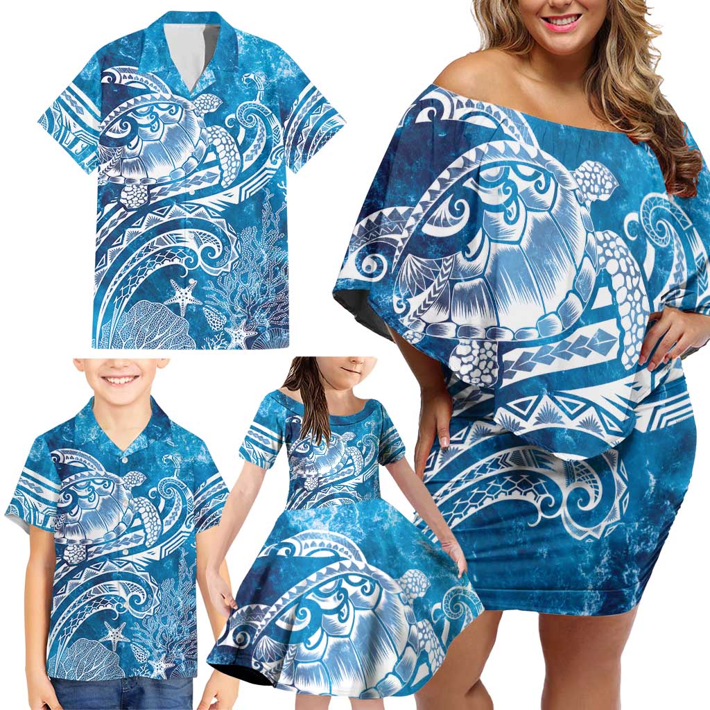 World Ocean Day Polynesian Pattern Family Matching Off Shoulder Short Dress and Hawaiian Shirt Crystal Waves LT7 - Polynesian Pride