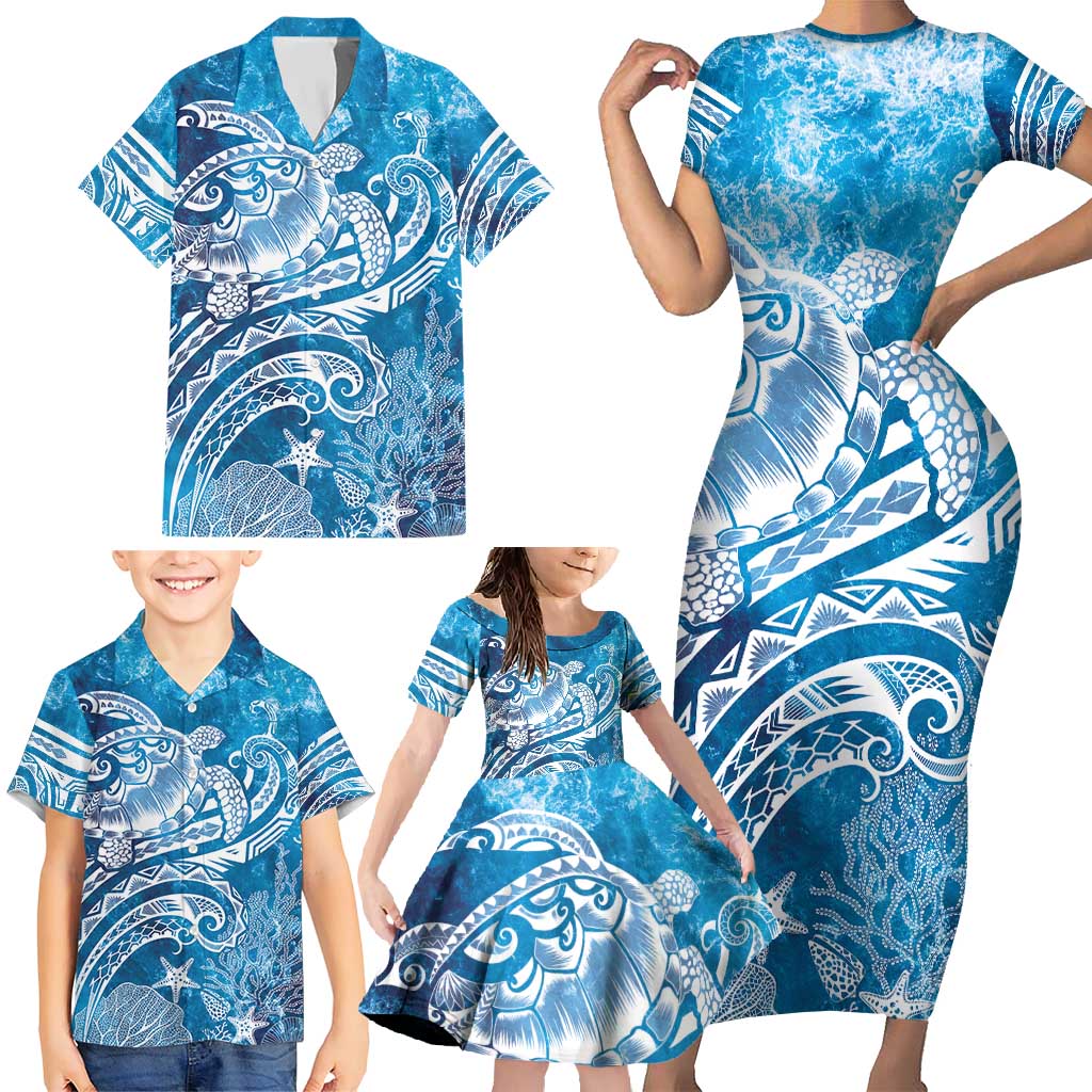 World Ocean Day Polynesian Pattern Family Matching Short Sleeve Bodycon Dress and Hawaiian Shirt Crystal Waves LT7 - Polynesian Pride