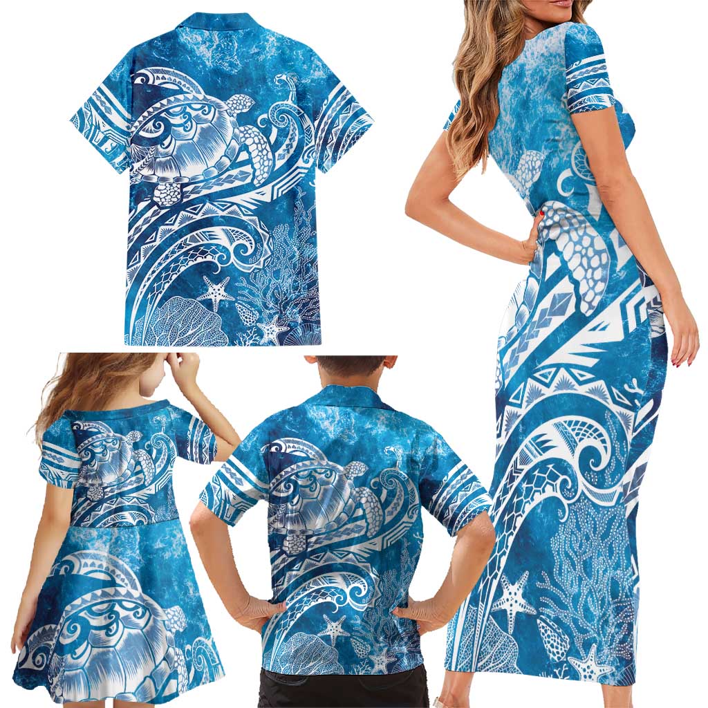 World Ocean Day Polynesian Pattern Family Matching Short Sleeve Bodycon Dress and Hawaiian Shirt Crystal Waves LT7 - Polynesian Pride