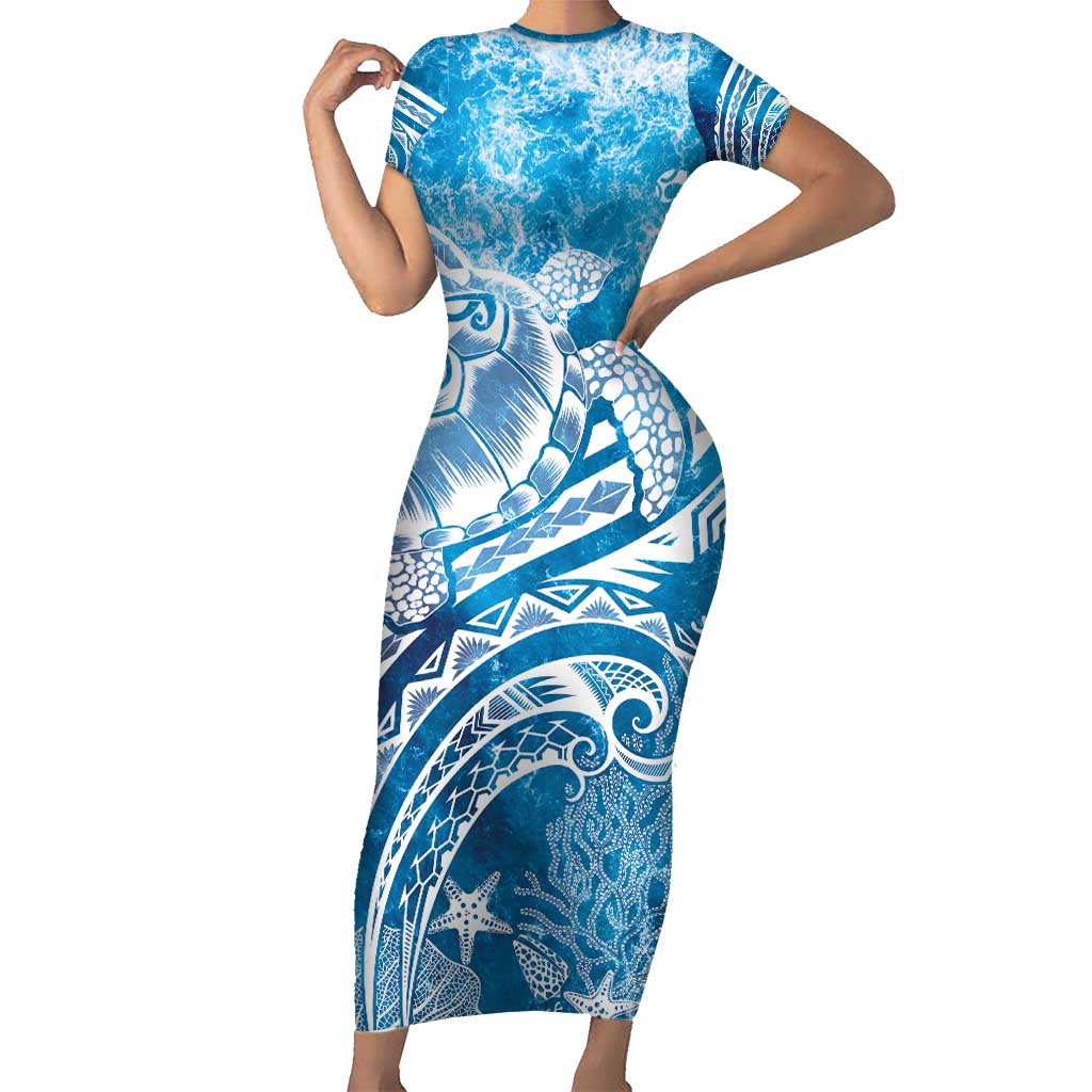 World Ocean Day Polynesian Pattern Family Matching Short Sleeve Bodycon Dress and Hawaiian Shirt Crystal Waves LT7 Mom's Dress Blue - Polynesian Pride