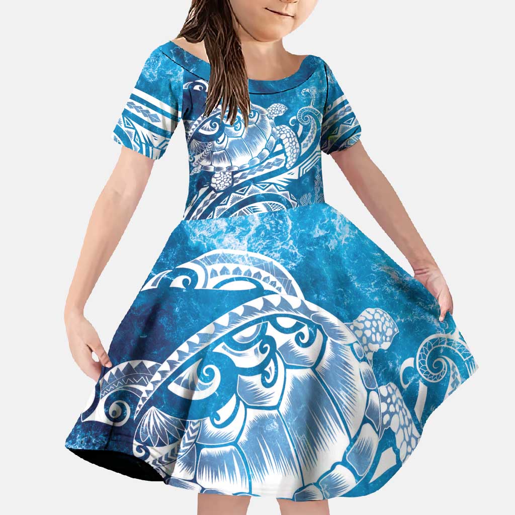World Ocean Day Polynesian Pattern Family Matching Tank Maxi Dress and Hawaiian Shirt Crystal Waves LT7 Daughter's Dress Blue - Polynesian Pride