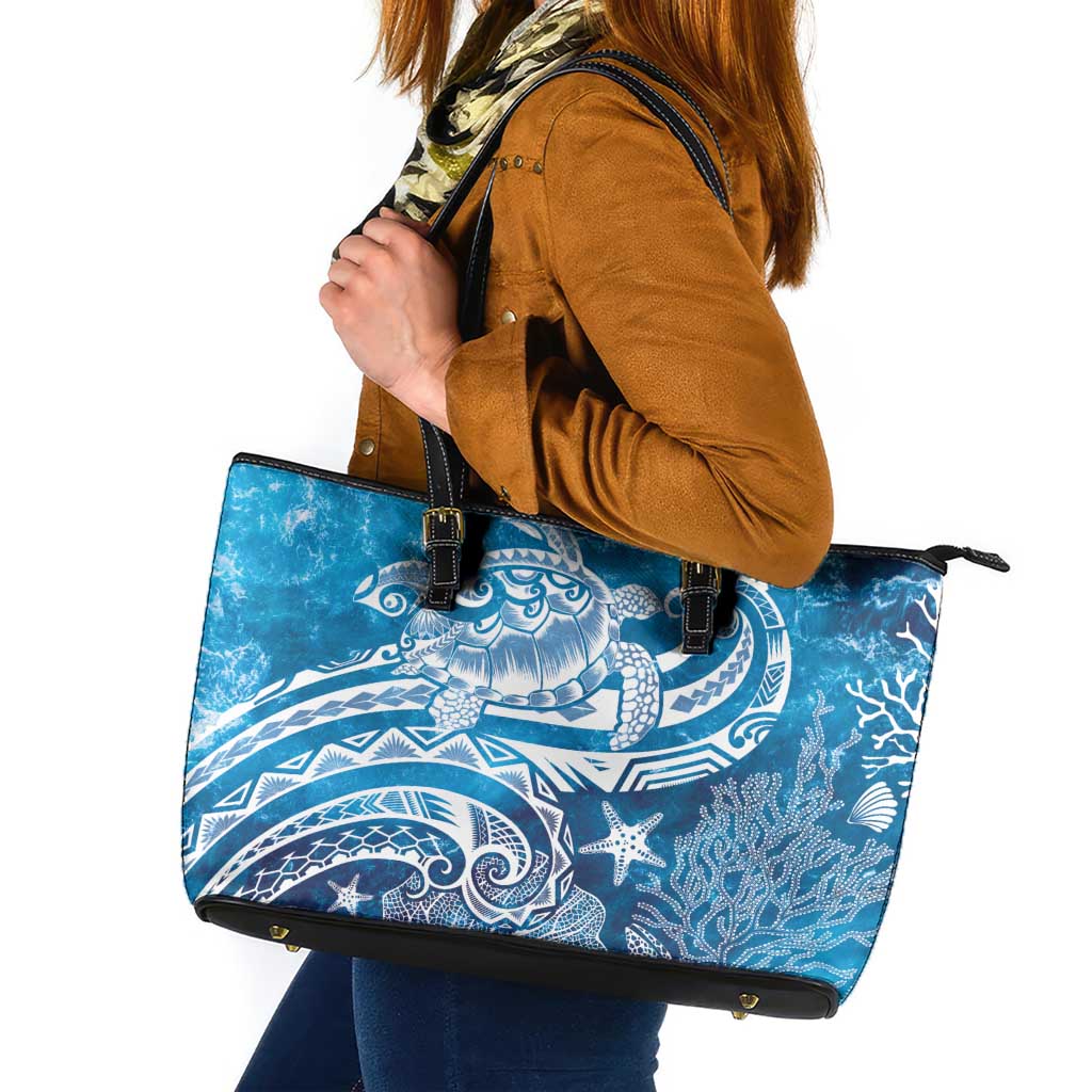 World Ocean Day Polynesian Pattern Leather Tote Bag Crystal Waves LT7 Blue - Polynesian Pride
