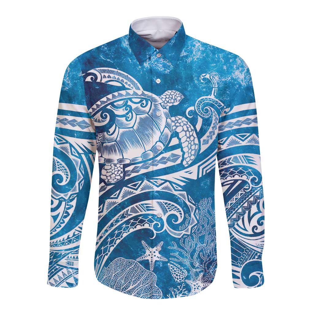 World Ocean Day Polynesian Pattern Long Sleeve Button Shirt Crystal Waves