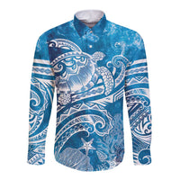 World Ocean Day Polynesian Pattern Long Sleeve Button Shirt Crystal Waves