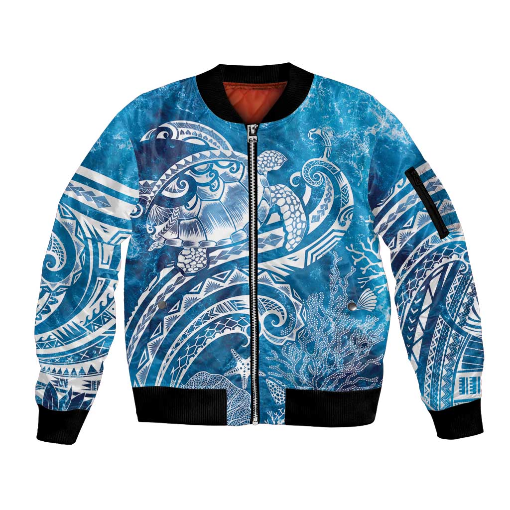 World Ocean Day Polynesian Pattern Sleeve Zip Bomber Jacket Crystal Waves LT7 Unisex Blue - Polynesian Pride