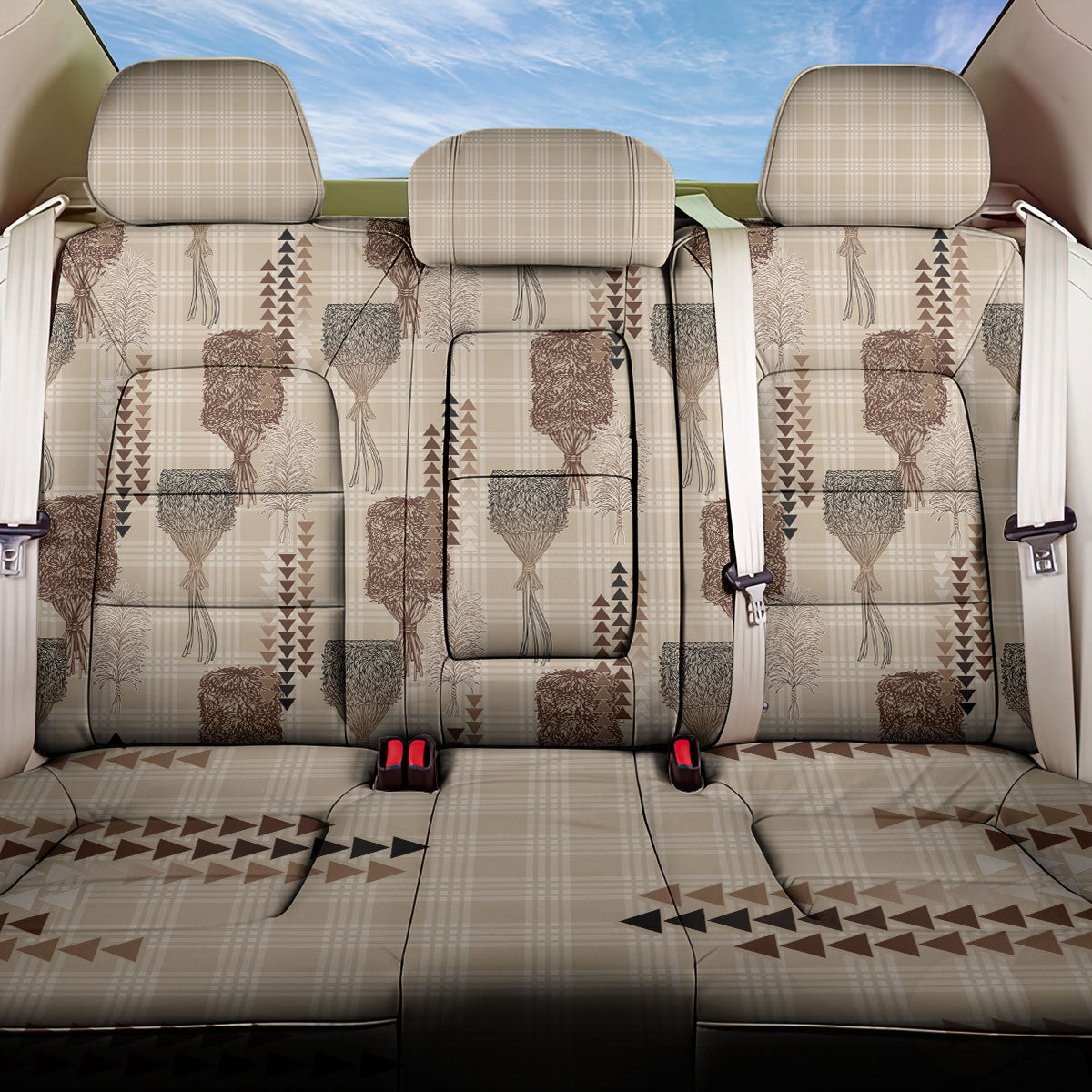 Aloha Hawaii Vintage Kahili Pa'a Lima Back Car Seat Cover Palaka Print Cozy Beige