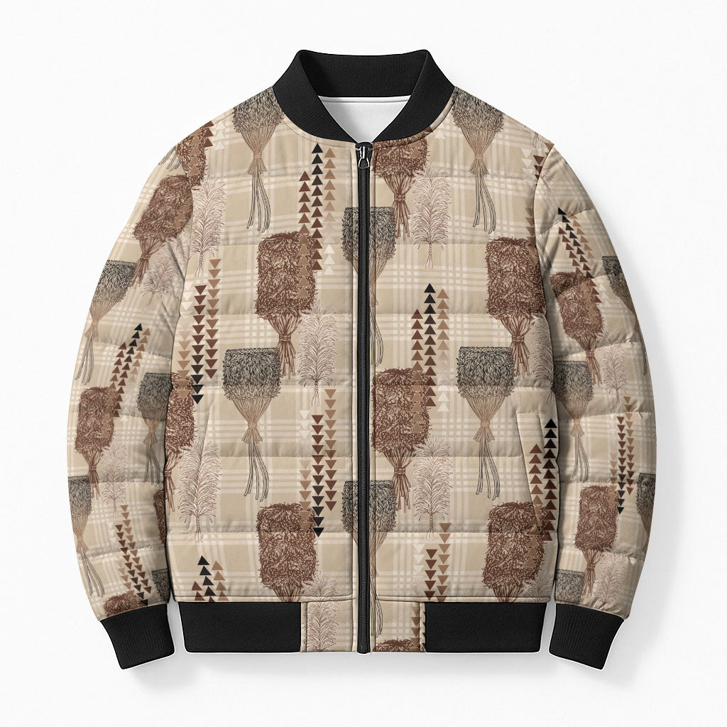 Aloha Hawaii Vintage Kahili Pa'a Lima Bomber Puffer Jacket Palaka Print Cozy Beige