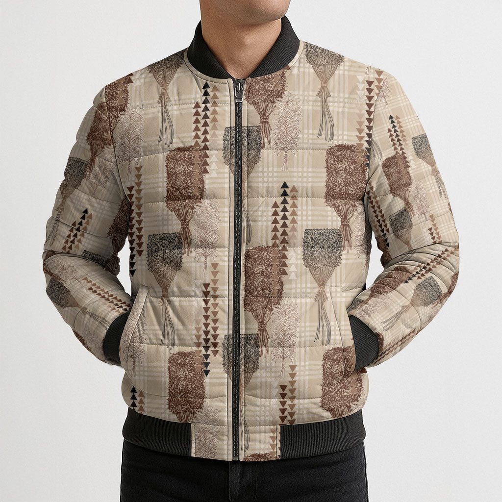 Aloha Hawaii Vintage Kahili Pa'a Lima Bomber Puffer Jacket Palaka Print Cozy Beige