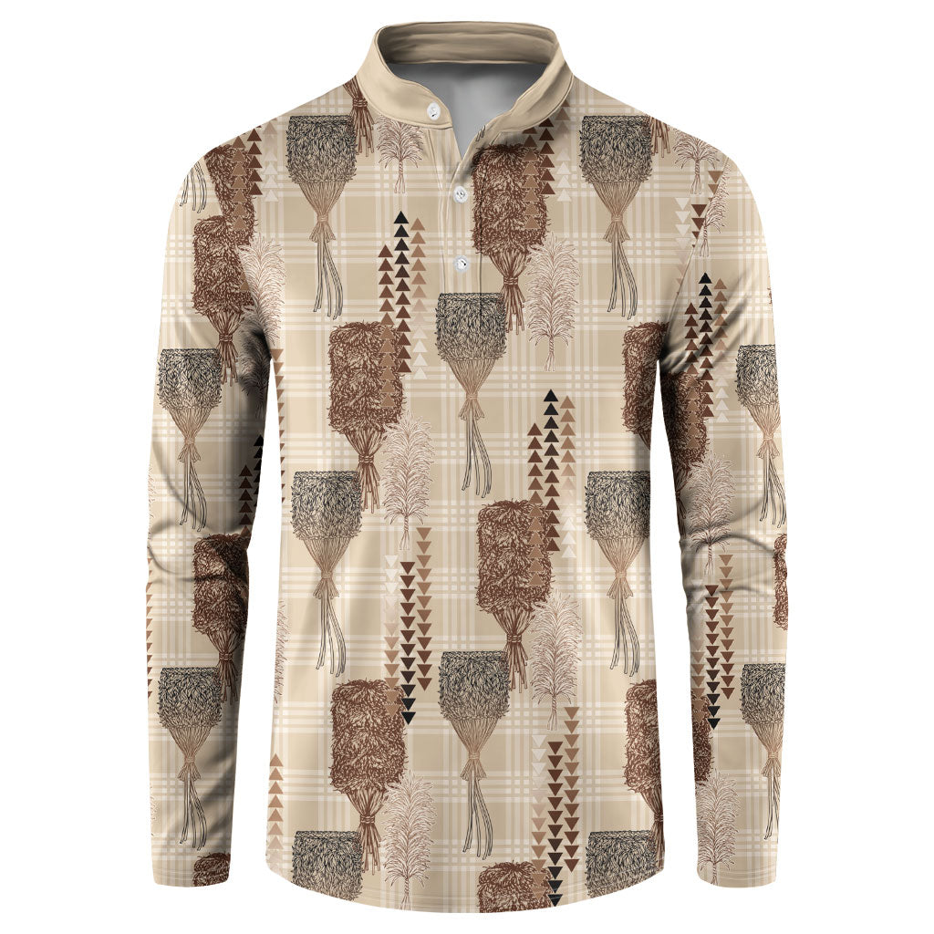 Aloha Hawaii Vintage Kahili Pa'a Lima Button Sweatshirt Palaka Print Cozy Beige LT7 Beige - Polynesian Pride