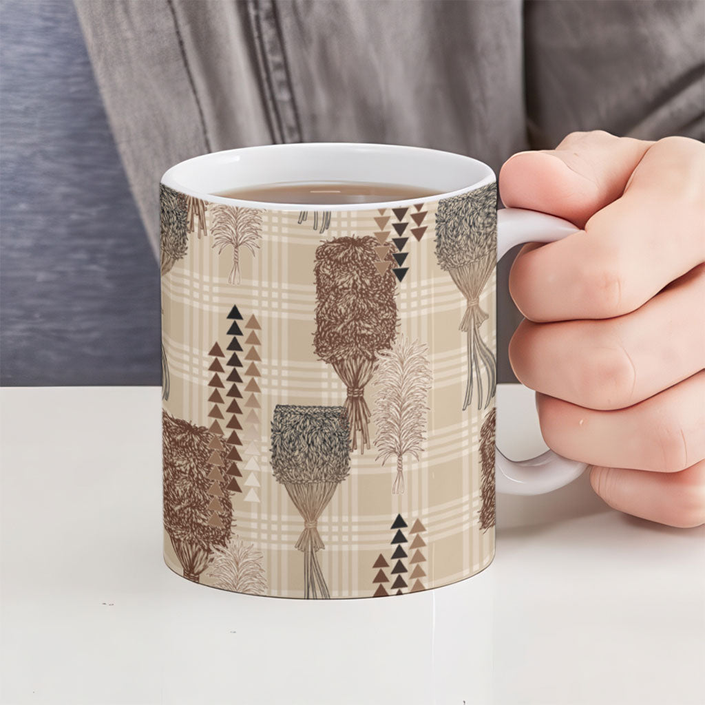 Aloha Hawaii Vintage Kahili Pa'a Lima Ceramic Mug Palaka Print Cozy Beige