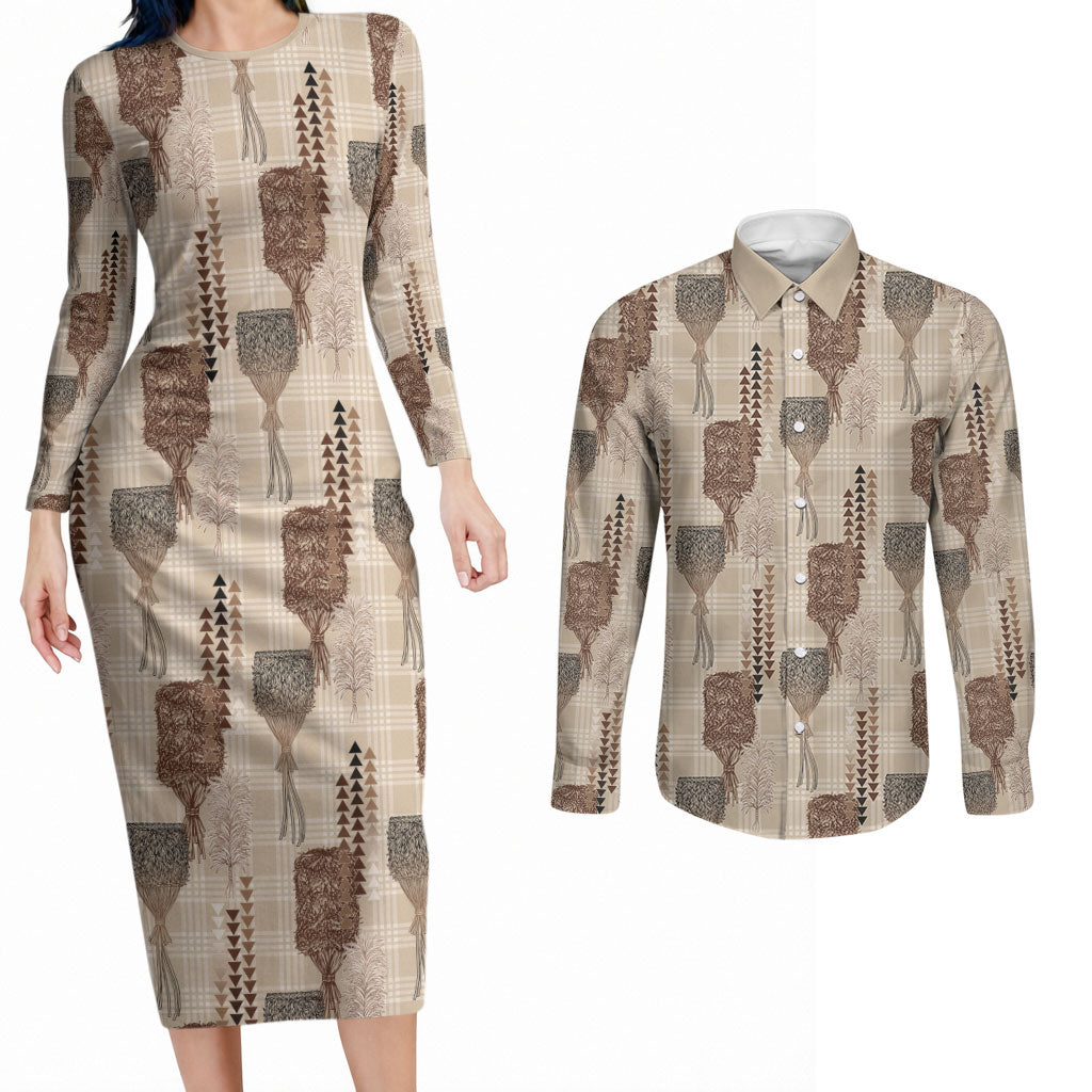Aloha Hawaii Vintage Kahili Pa'a Lima Couples Matching Long Sleeve Bodycon Dress and Long Sleeve Button Shirt Palaka Print Cozy Beige LT7 Beige - Polynesian Pride