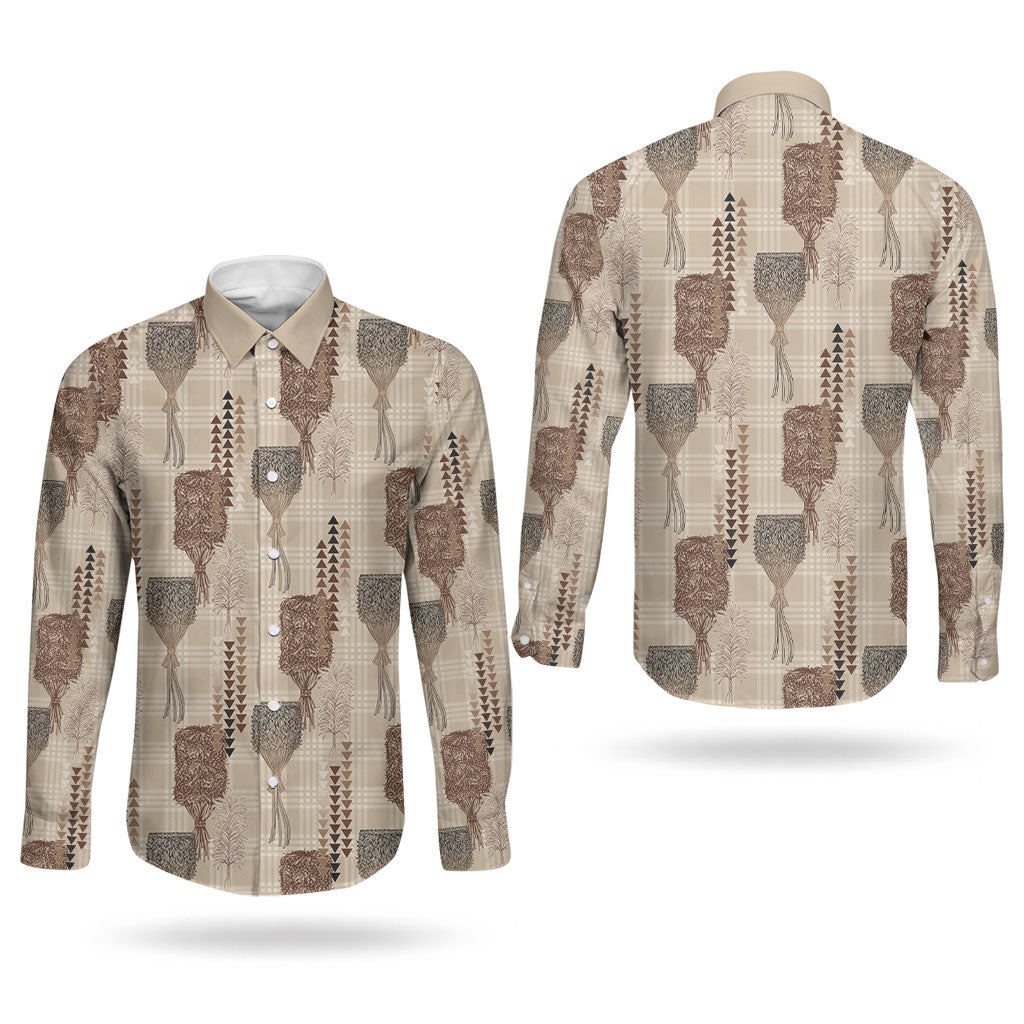 Aloha Hawaii Vintage Kahili Pa'a Lima Couples Matching Long Sleeve Bodycon Dress and Long Sleeve Button Shirt Palaka Print Cozy Beige