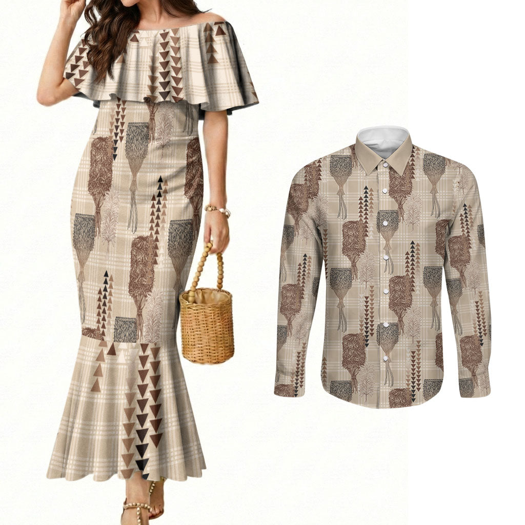 Aloha Hawaii Vintage Kahili Pa'a Lima Couples Matching Mermaid Dress and Long Sleeve Button Shirt Palaka Print Cozy Beige LT7 Beige - Polynesian Pride
