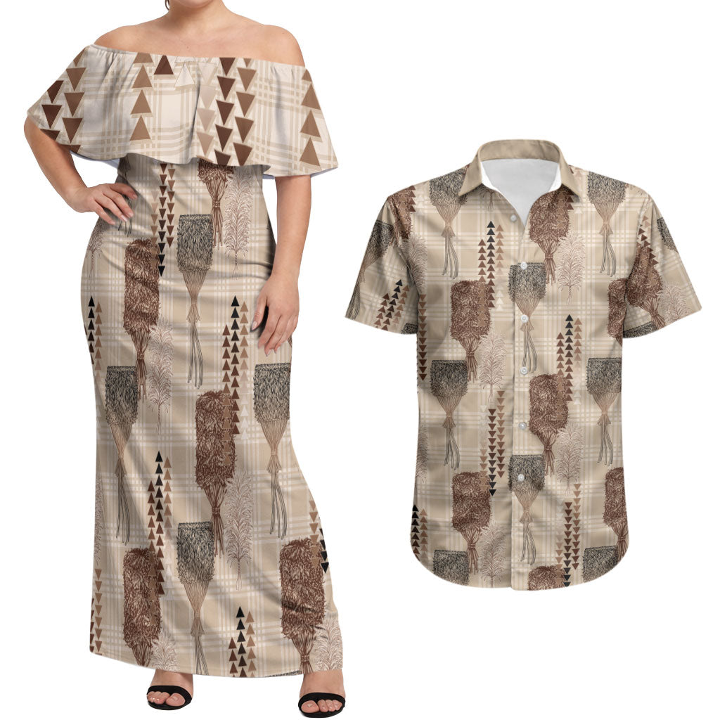 Aloha Hawaii Vintage Kahili Pa'a Lima Couples Matching Off Shoulder Maxi Dress and Hawaiian Shirt Palaka Print Cozy Beige LT7 Beige - Polynesian Pride