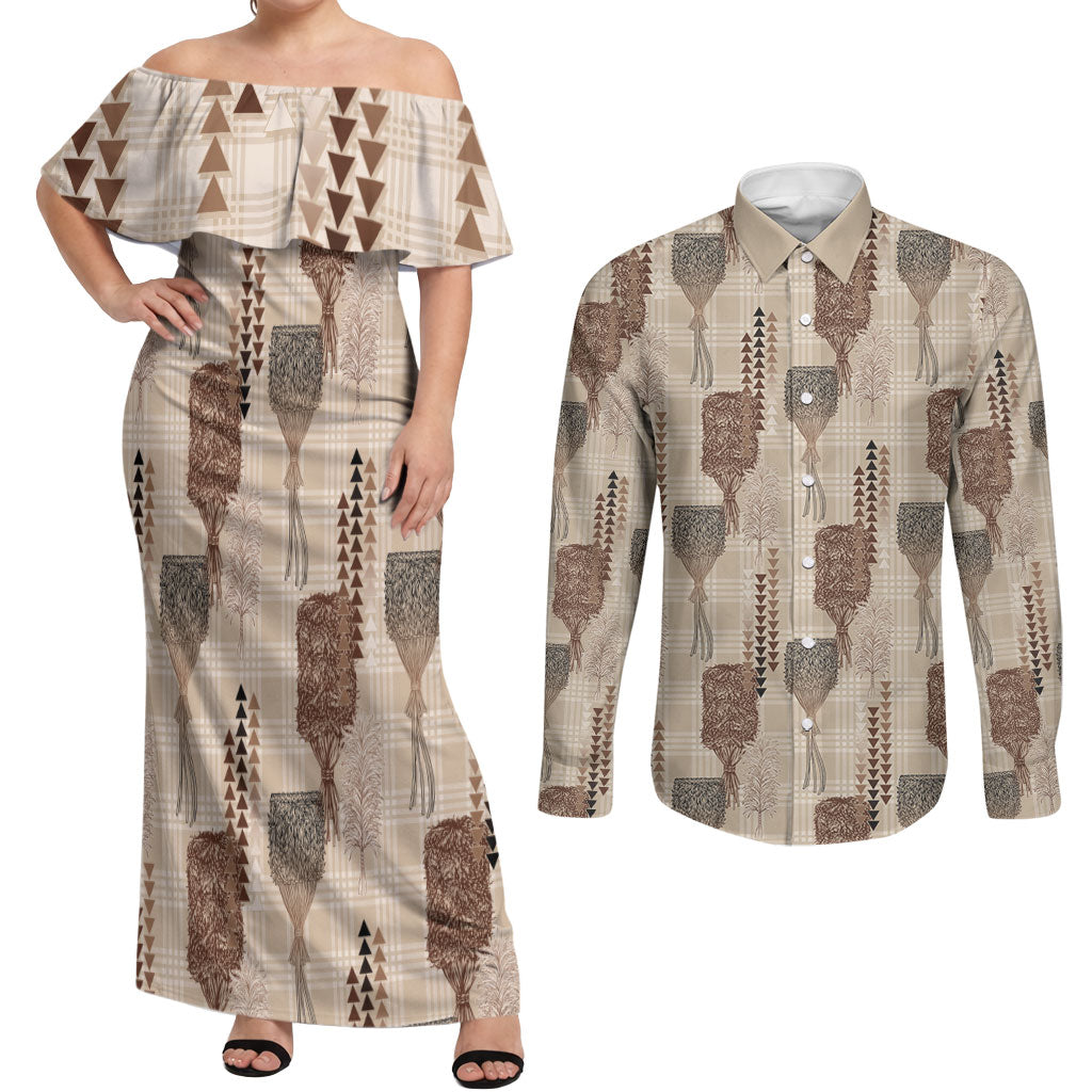 Aloha Hawaii Vintage Kahili Pa'a Lima Couples Matching Off Shoulder Maxi Dress and Long Sleeve Button Shirt Palaka Print Cozy Beige LT7 Beige - Polynesian Pride