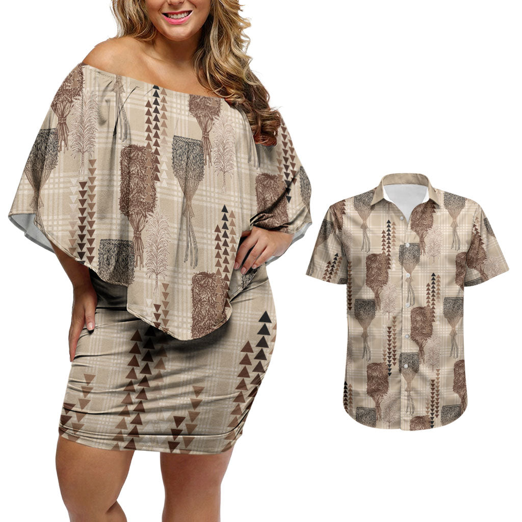 Aloha Hawaii Vintage Kahili Pa'a Lima Couples Matching Off Shoulder Short Dress and Hawaiian Shirt Palaka Print Cozy Beige LT7 Beige - Polynesian Pride
