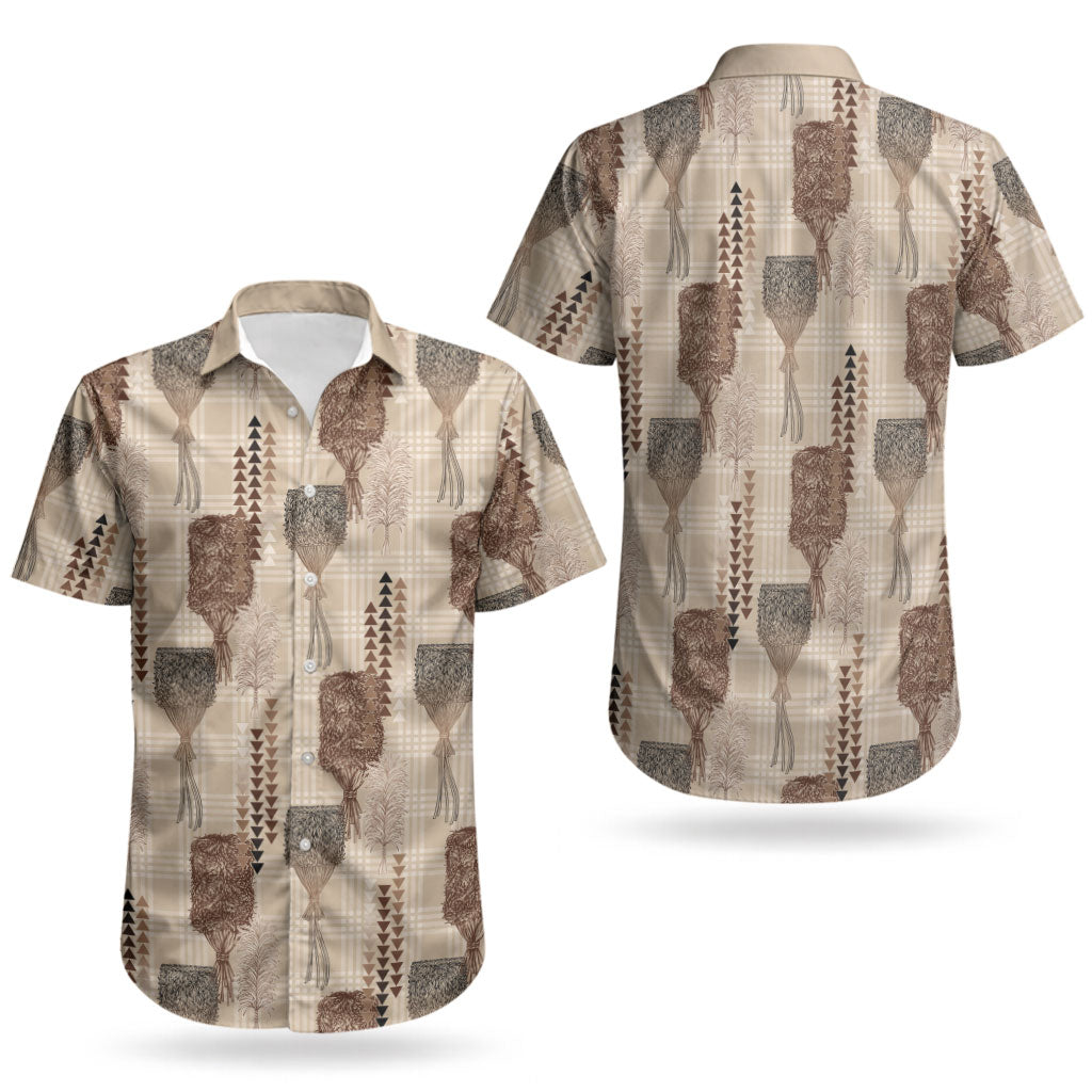 Aloha Hawaii Vintage Kahili Pa'a Lima Couples Matching Off Shoulder Short Dress and Hawaiian Shirt Palaka Print Cozy Beige