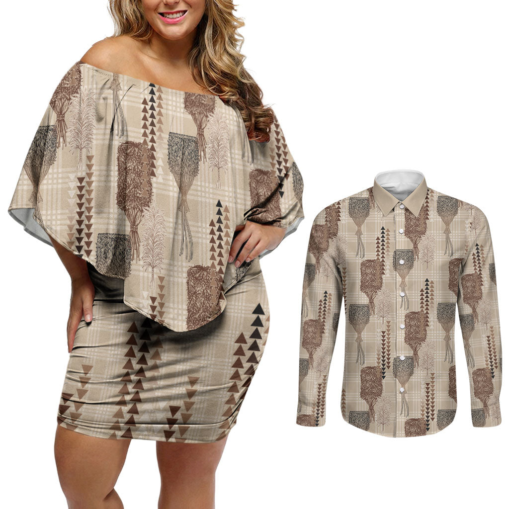 Aloha Hawaii Vintage Kahili Pa'a Lima Couples Matching Off Shoulder Short Dress and Long Sleeve Button Shirt Palaka Print Cozy Beige LT7 Beige - Polynesian Pride