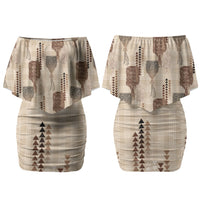 Aloha Hawaii Vintage Kahili Pa'a Lima Couples Matching Off Shoulder Short Dress and Long Sleeve Button Shirt Palaka Print Cozy Beige