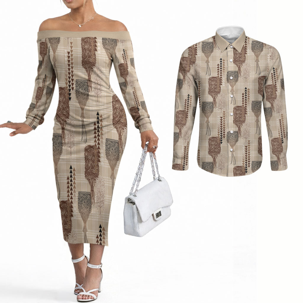 Aloha Hawaii Vintage Kahili Pa'a Lima Couples Matching Off The Shoulder Long Sleeve Dress and Long Sleeve Button Shirt Palaka Print Cozy Beige LT7 Beige - Polynesian Pride