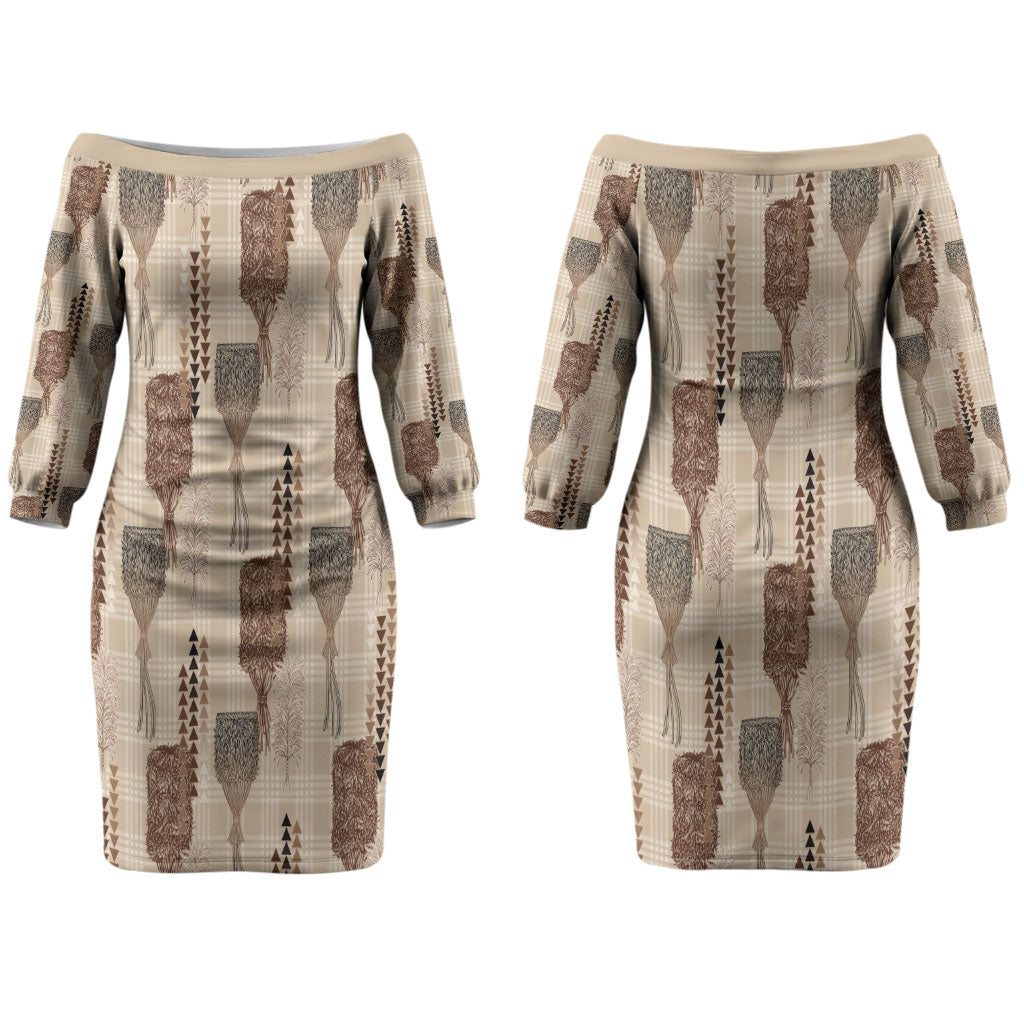 Aloha Hawaii Vintage Kahili Pa'a Lima Couples Matching Off The Shoulder Long Sleeve Dress and Long Sleeve Button Shirt Palaka Print Cozy Beige