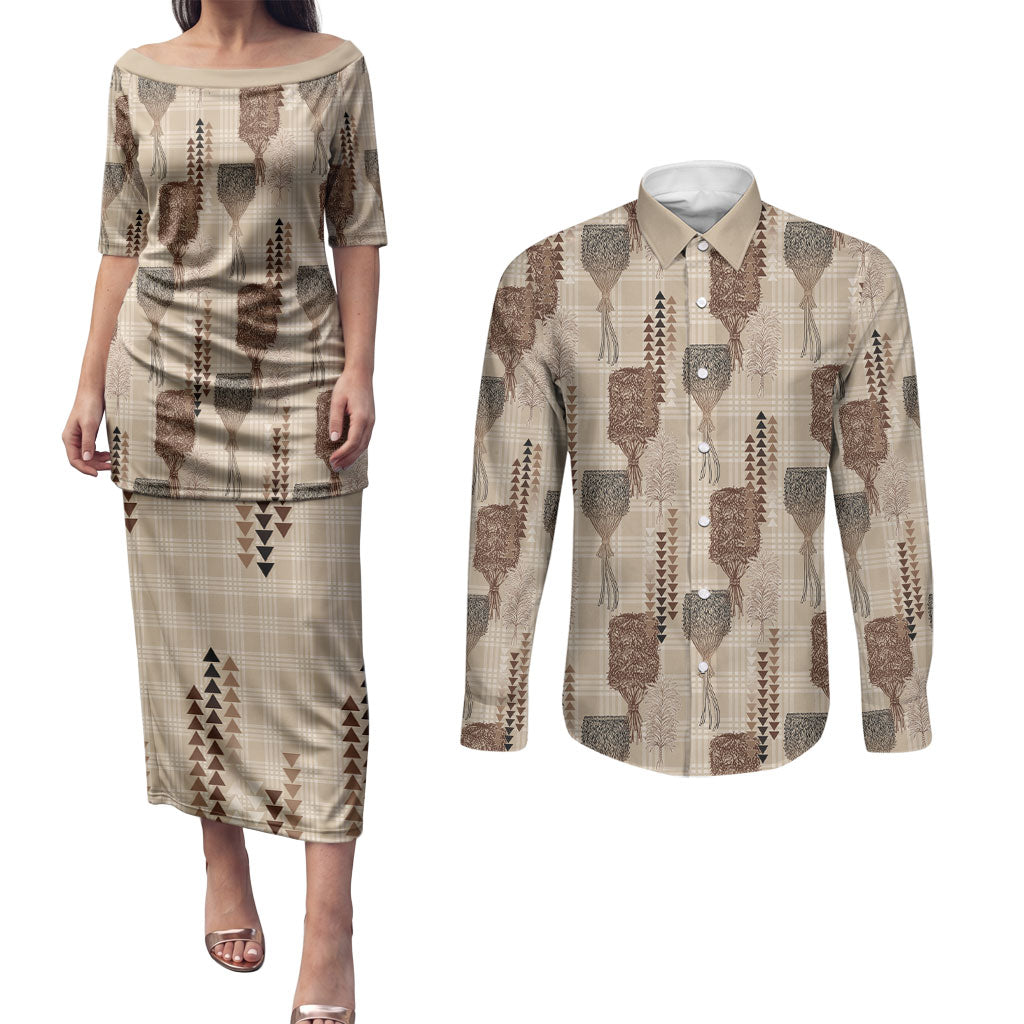 Aloha Hawaii Vintage Kahili Pa'a Lima Couples Matching Puletasi and Long Sleeve Button Shirt Palaka Print Cozy Beige LT7 Beige - Polynesian Pride