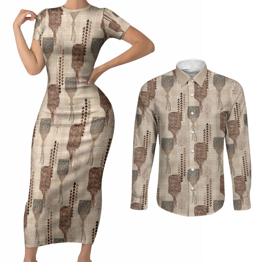 Aloha Hawaii Vintage Kahili Pa'a Lima Couples Matching Short Sleeve Bodycon Dress and Long Sleeve Button Shirt Palaka Print Cozy Beige LT7 Beige - Polynesian Pride