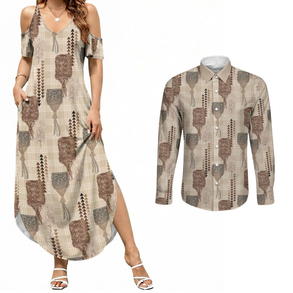 Aloha Hawaii Vintage Kahili Pa'a Lima Couples Matching Summer Maxi Dress and Long Sleeve Button Shirt Palaka Print Cozy Beige LT7 Beige - Polynesian Pride