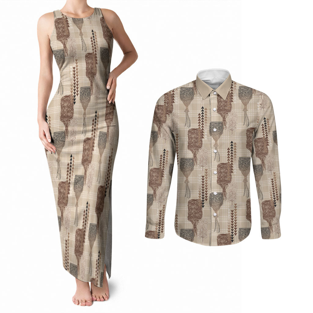 Aloha Hawaii Vintage Kahili Pa'a Lima Couples Matching Tank Maxi Dress and Long Sleeve Button Shirt Palaka Print Cozy Beige LT7 Beige - Polynesian Pride