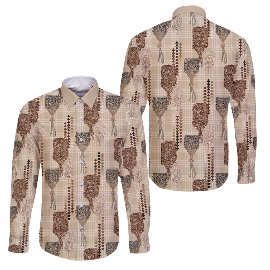Aloha Hawaii Vintage Kahili Pa'a Lima Family Matching Off The Shoulder Long Sleeve Dress and Hawaiian Shirt Palaka Print Cozy Beige
