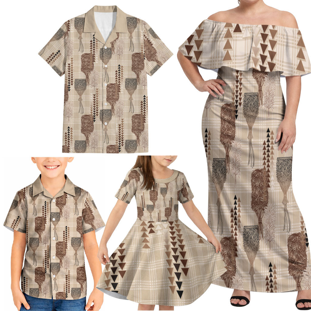 Aloha Hawaii Vintage Kahili Pa'a Lima Family Matching Off Shoulder Maxi Dress and Hawaiian Shirt Palaka Print Cozy Beige