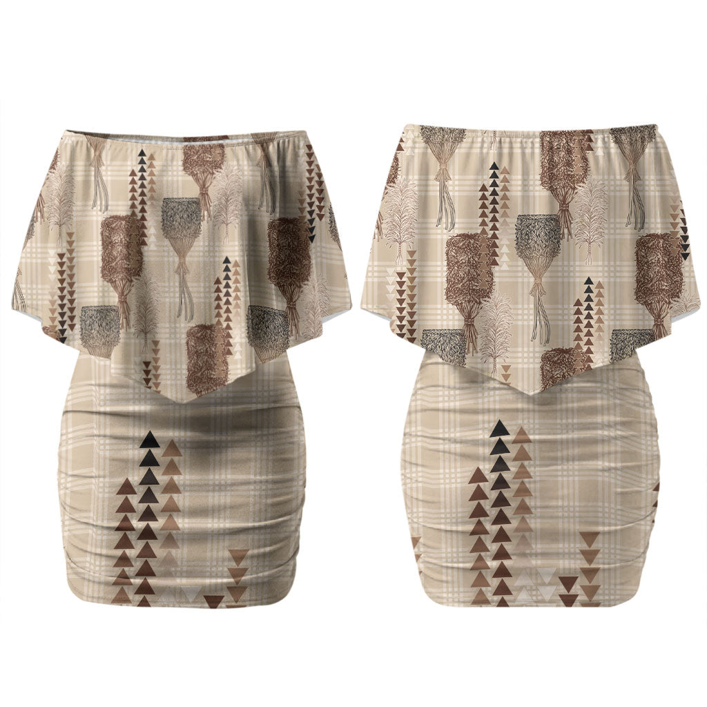 Aloha Hawaii Vintage Kahili Pa'a Lima Family Matching Off Shoulder Short Dress and Hawaiian Shirt Palaka Print Cozy Beige