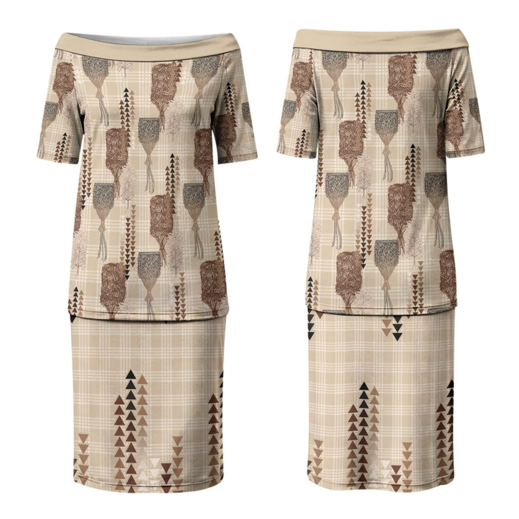 Aloha Hawaii Vintage Kahili Pa'a Lima Family Matching Puletasi and Hawaiian Shirt Palaka Print Cozy Beige
