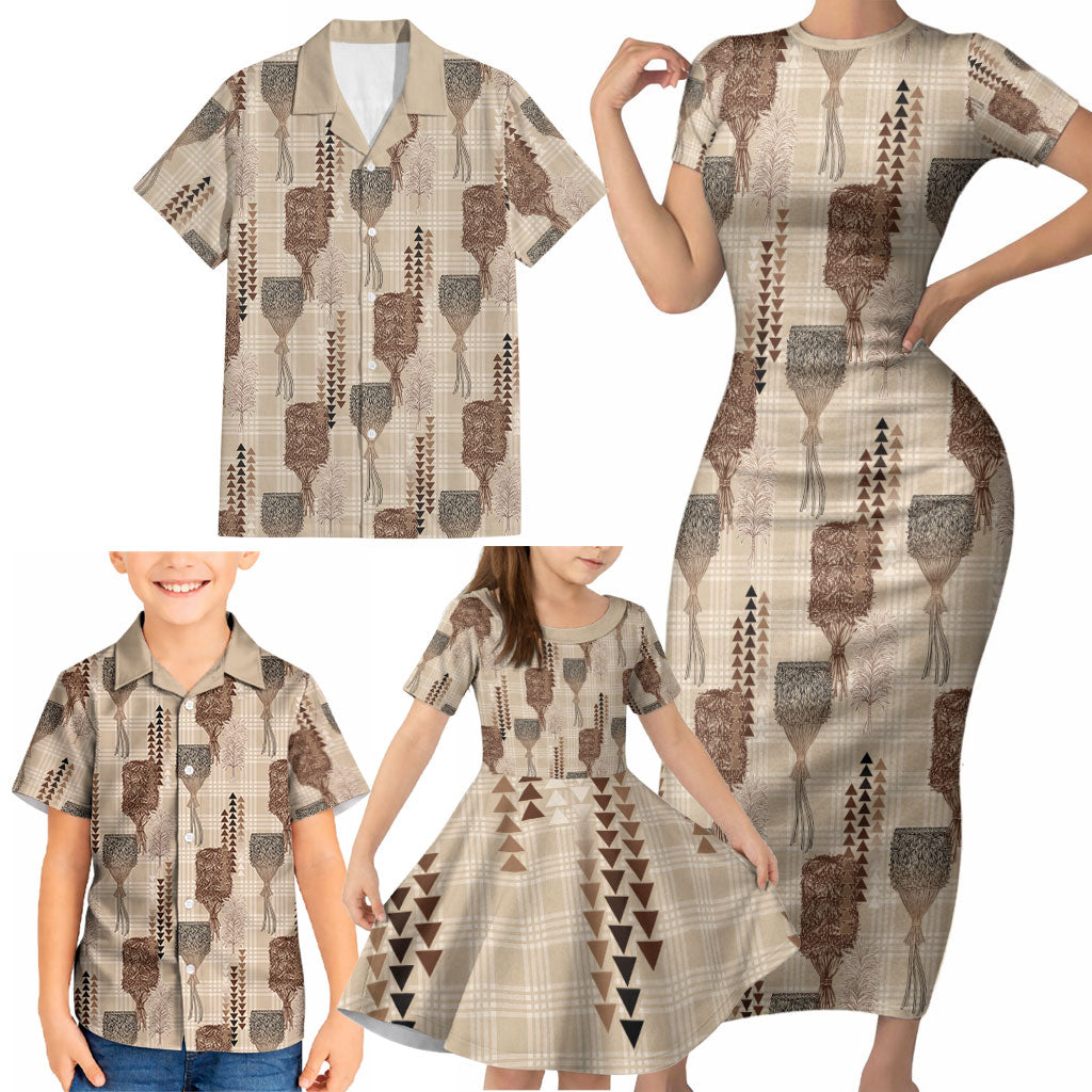Aloha Hawaii Vintage Kahili Pa'a Lima Family Matching Short Sleeve Bodycon Dress and Hawaiian Shirt Palaka Print Cozy Beige