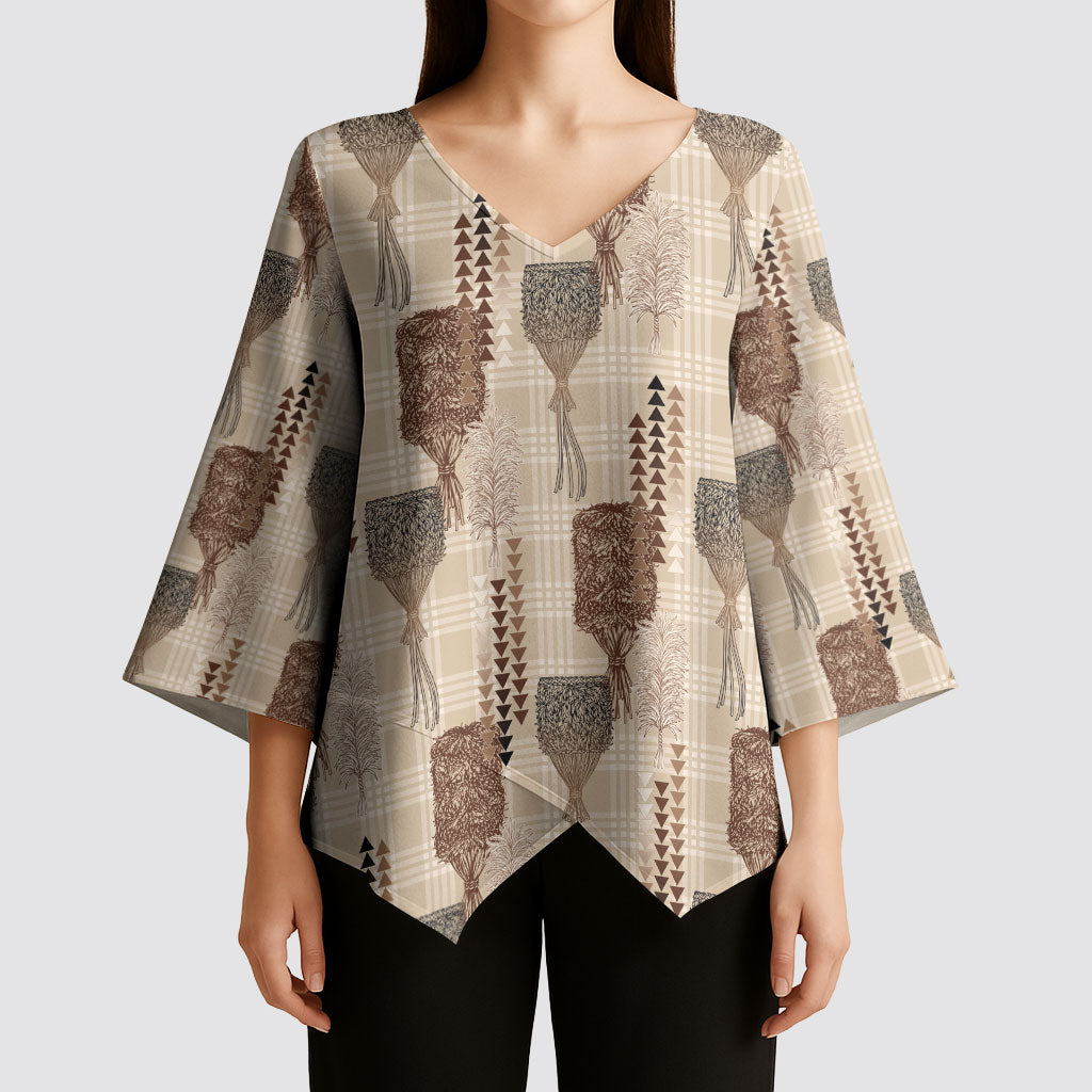 Aloha Hawaii Vintage Kahili Pa'a Lima Kimono Sleeve Blouse Palaka Print Cozy Beige