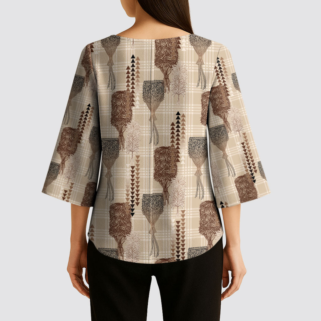 Aloha Hawaii Vintage Kahili Pa'a Lima Kimono Sleeve Blouse Palaka Print Cozy Beige